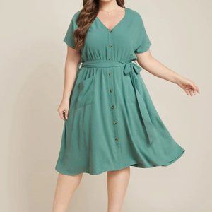 NWT BloomChic Solid Dolman Sleeve Pocket Button Detail Belted Ruffles Dress